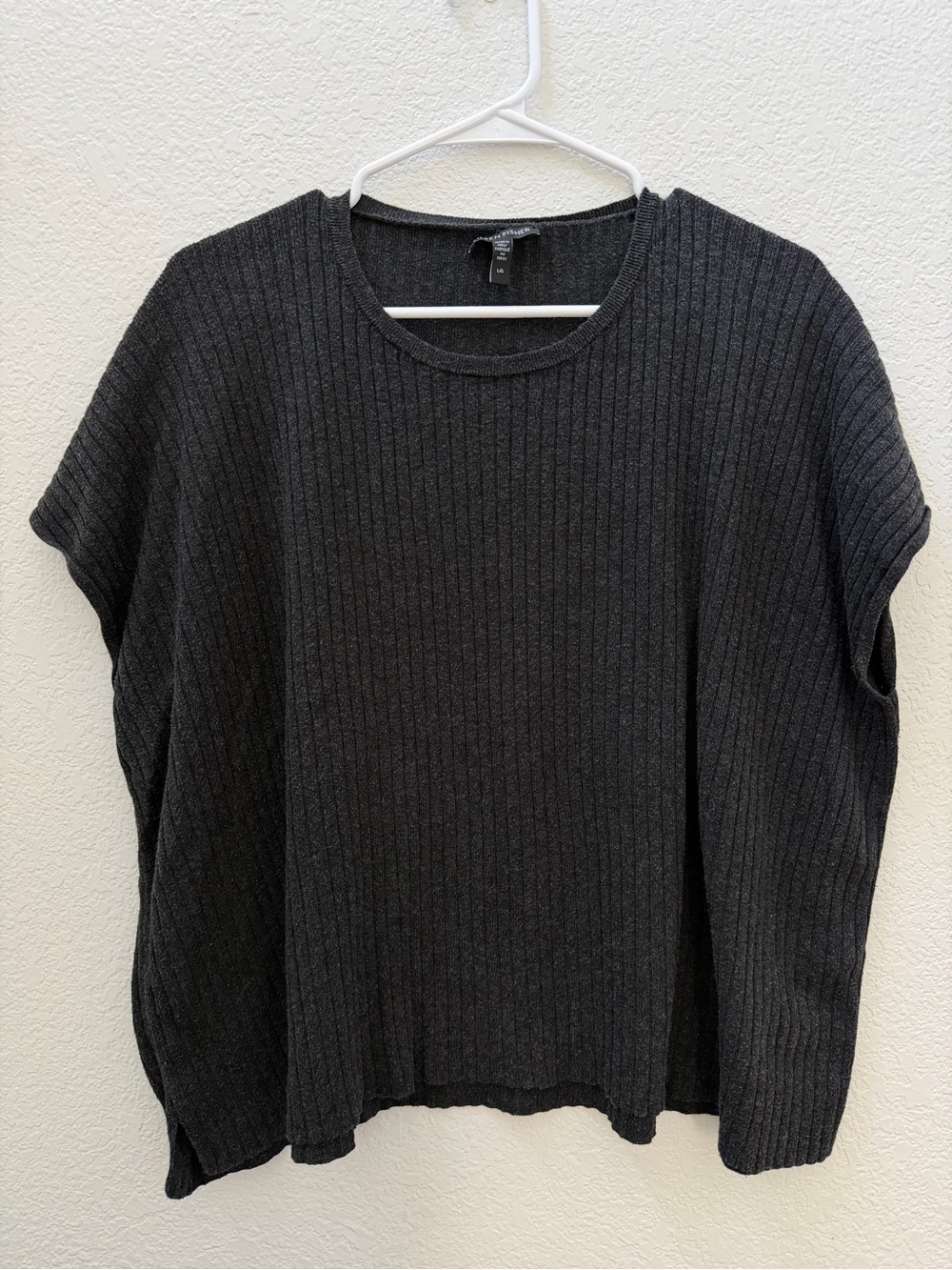 Eileen Fisher Dark Gray Ribbed Knit Top Organic Cotton/Tencel Blend Size Large